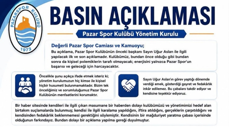 Pazar Spor Kulübünün den basın açıklaması: Uğur Aslan ile ilgili yapılacak ilk ve son açıklamadır.